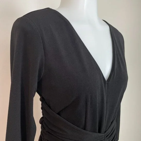 Ann Taylor Sheath Dress 6 Black Shirred Waist 3/4 Sleeve V-Neck Stretch Women's - Picture 2 of 11